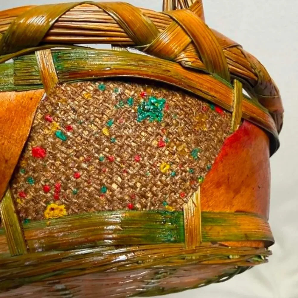 Vintage Woven Wicker Oval Basket With Handles Boho Farmhouse Country Decor